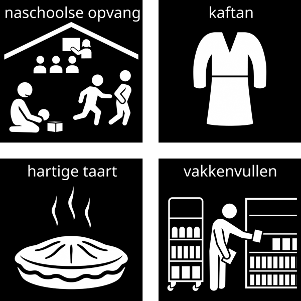 Pictogrammen naschoolse opvang, kaftan, hartige taart en vakkenvullen.