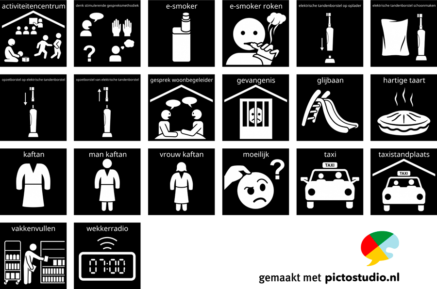 Diverse Visitaal-pictogrammen activiteitencetrum, e-smoker, elektrische tandenborstel, kaftan, moeilijk en taxi.