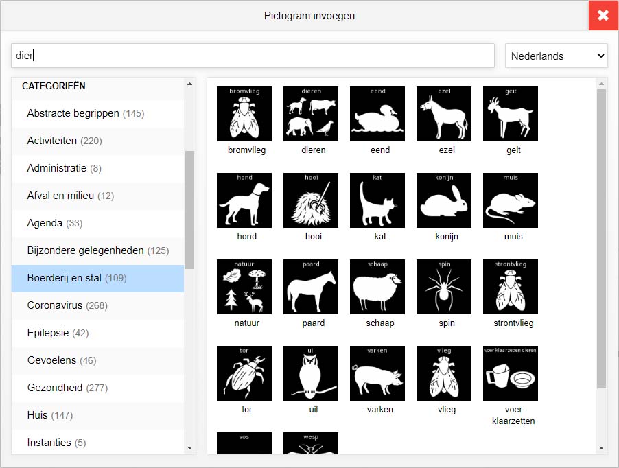 Zoeken naar Visitaal-pictogrammen van dieren in Pictostudio Pro.
