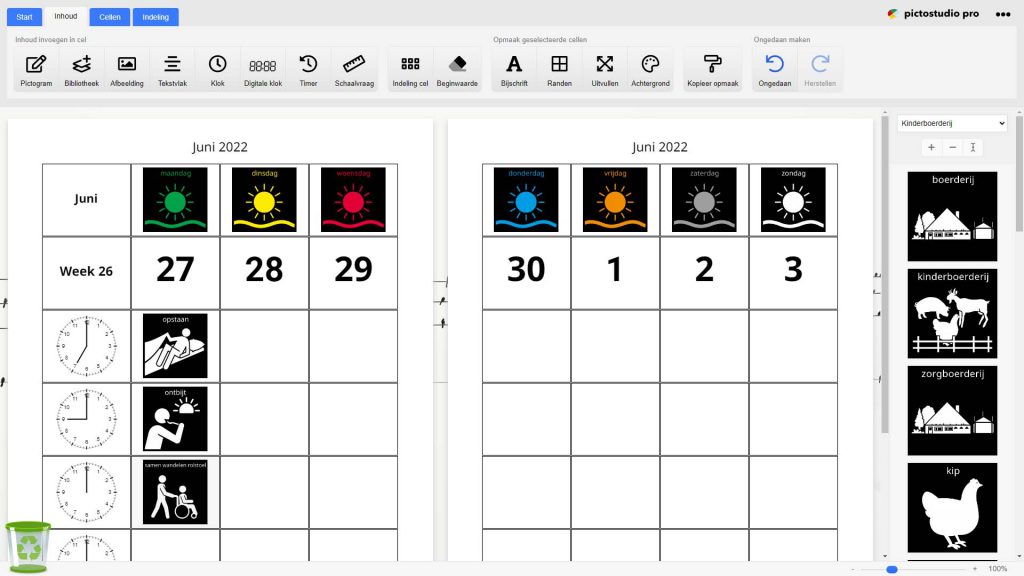 Maak een weekschema met Pictostudio Pro. Biedt je kind of cliënt meer structuur aan. Ontwerp in een paar minuten een compleet dag- of weekschema met Visitaal-pictogrammen, klokken en eigen foto's.