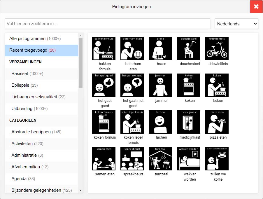 Screenshot met recent toegevoegde Visitaal-pictogrammen.