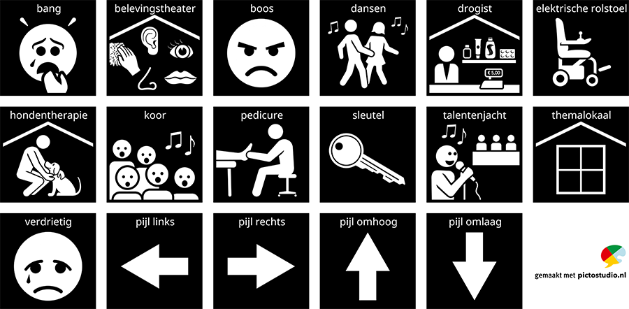 Nieuwe Visitaal-pictogrammen voor bang, boos, dansen, drogist, elektrische rolstoel, hondentherapie, koor, pedicure, sleutel, talentenjacht, themalokaal, verdrietig en pijlen.