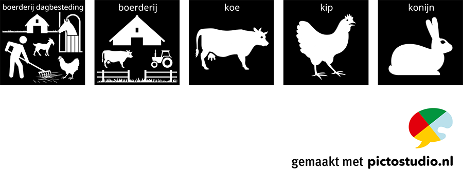 Visitaal-pictogrammen voor boerderij dagbesteding, koe, kip en konijn.