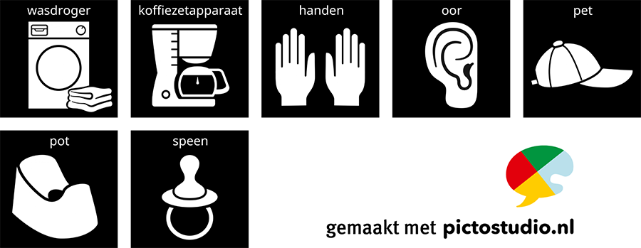 Visitaal-pictogrammen voor wasdroger, koffiezetapparaat, handen, oor, pet, pot en speen.